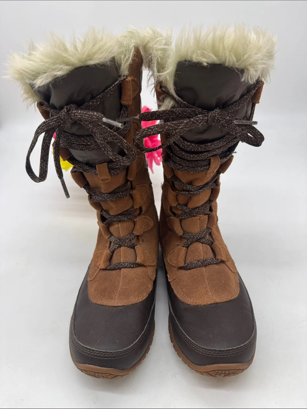The North Face Brown and Black Faux Fur Trim Lace-Up Winter Boots Size 9